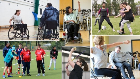 6 images of adults with various disabilities (some visible, some not) doing various sports and exercise.