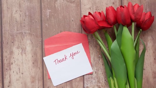 A large bunch of red tulips and a white card on top of a red envelope. Handwriting on the card says: Thank You.