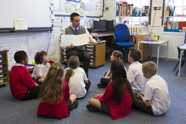 Primary children with teacher in classroom 