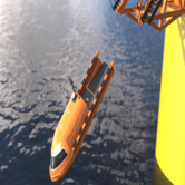 Orange vessel being launched into the sea- the Launchpad structure is partially visible in the background