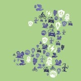the logo of Wales climate week, Outlien of Wales on a green background broken down into little pictures associated to being sustainable 
