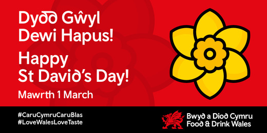 daffodil on red background with Food and Drink Wales logo and wording Happy St Davids Day and the hashtag love wales love taste