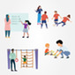 Animated image of children and adults playing and learning