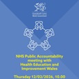 Image of people around a table with text advertising the HEIW NHS Public Accountability meeting