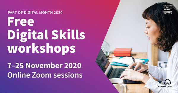 Banner for Adult Learning Service free digital skills courses 7 to 25 Nov 2020