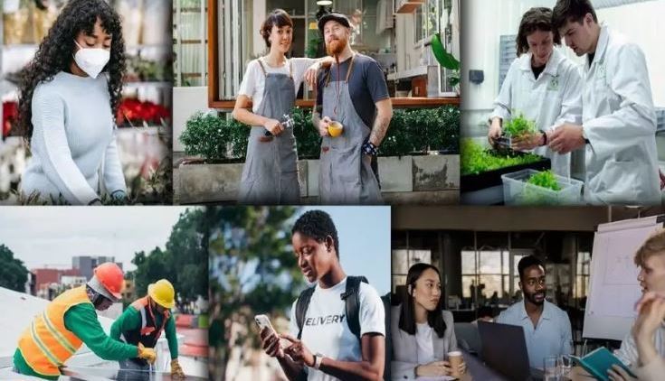 Multiple images of people working and surrounded by greenery