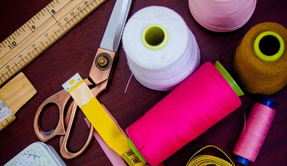Sewing equipment spread out on a table