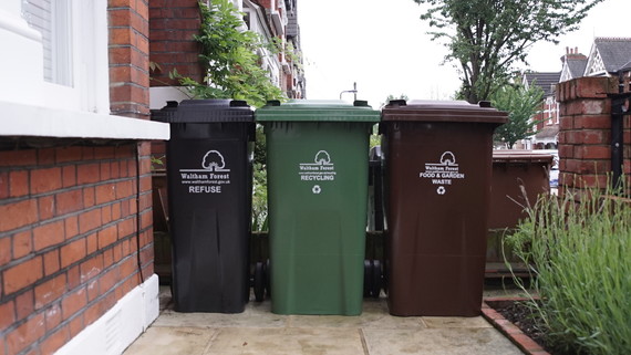 Black bin for refuse, green bin for recycling and brown bin for food and garden waste