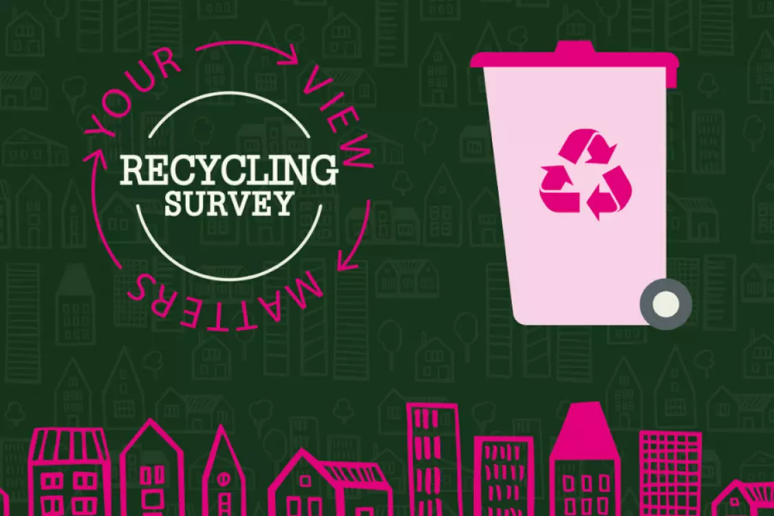 Your view matters: recycling survey. Illustration of a pink wheelie bin above a town. 