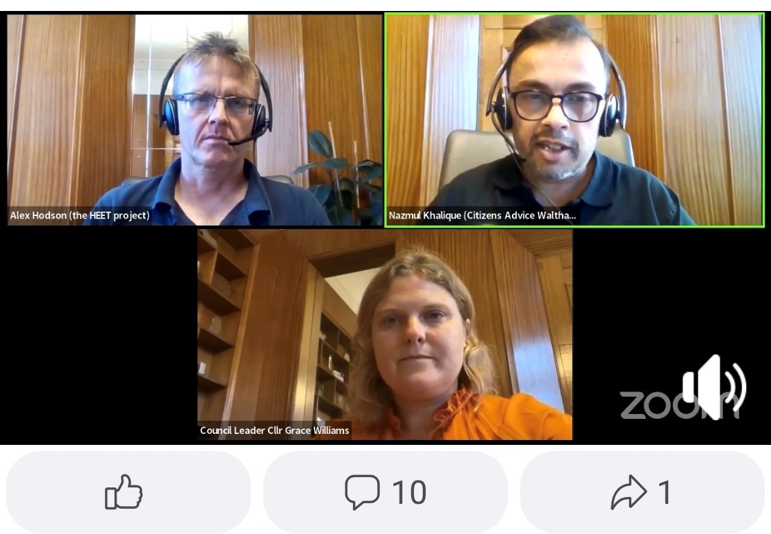 Alex Hodson (HEET), NNazmul Khalique (Citizens Advice) and Cllr Grace Williams Cost of Living Q&A