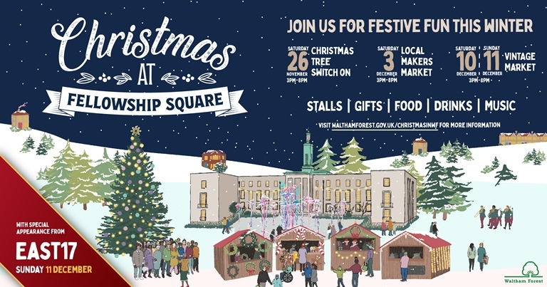 Illustration of Fellowship Square in the snow at Chirstmas with stalls and Christmas trees