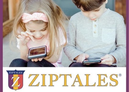 Two children on phones with Ziptales logo underneath