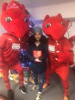 Poppy with Leyton Orient mascots Cleo and Theo