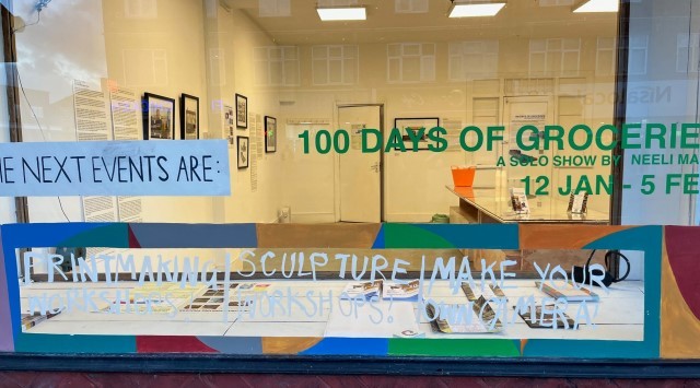 The view through the window of 228 Chingford Mount Road, looking at the 100 Days of Groceries exhibition space