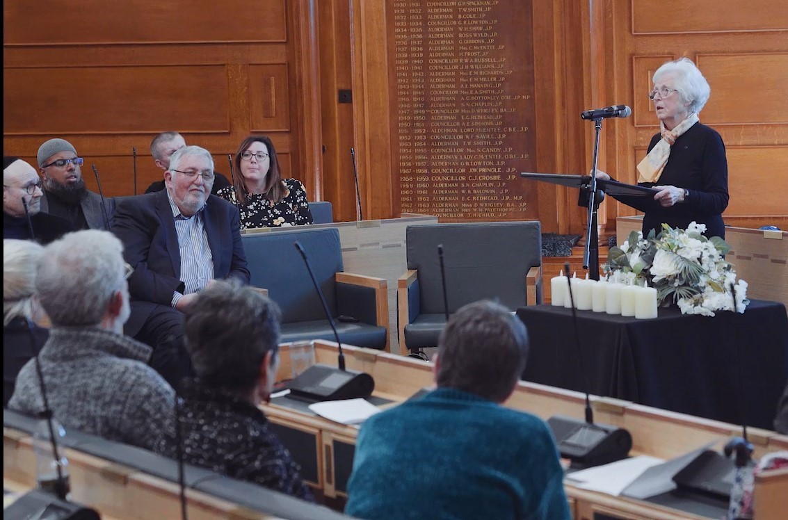 Holocaust survivor Dr Agnes Kaposi addresses the audience in Waltham Forest Council Chamber