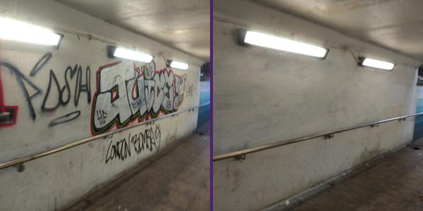 Before and after images of graffiti in a tunnel 