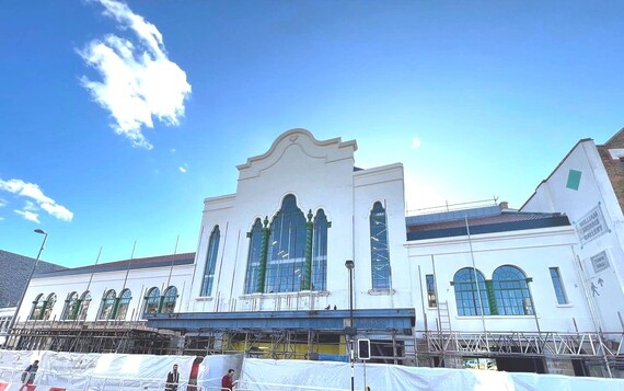 Soho Theatre Walthamstow with scaffolding mostly removes revealing the restored gable