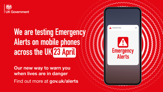 Emergency alert on a mobile phone screen. Our new way to warn you when lives are in danger. Gov.UK/alerts