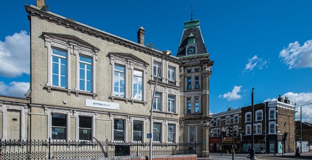 The exterior of Leyton Library, with Leyton High Road behind