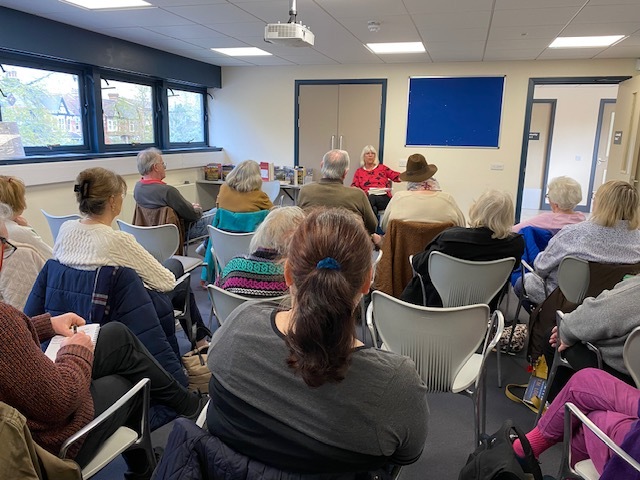 Rebecca Tope talking to an audience at Hale End Library