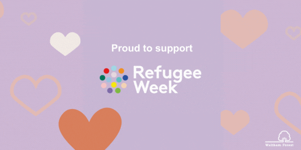 Refugee Week logo with animated hearts