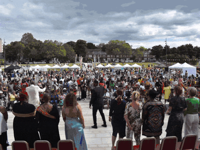 Windrush 75 anniversary GIF showing images of people attending and performing at the Windrush Festival in Fellowship Square