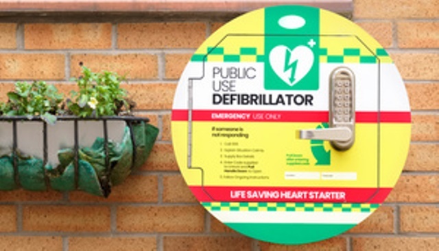 A defibrillator on a wall net to a hanging basket of flowers
