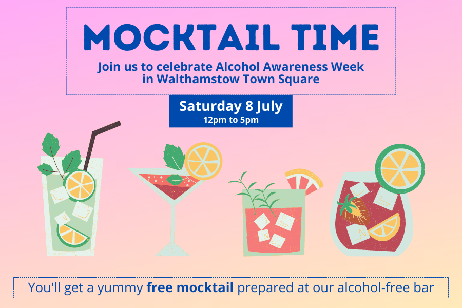 Illustrations of cocktails for Mocktail Time in Walthamstow Town Square on Satiuday 8 July from 12pm to 5pm