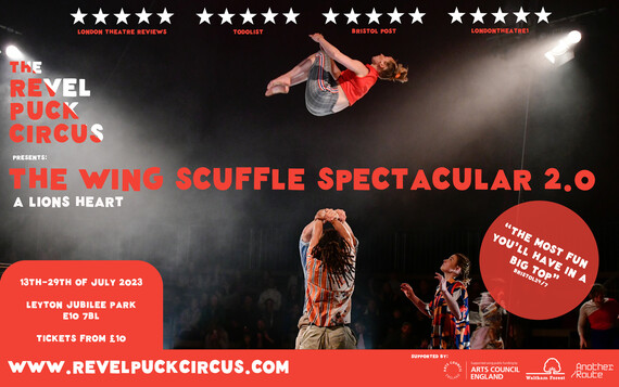 Flyer for Revel Puck Circus The Wing Scuffle Spectacular 2.0 shows a woman flying through the air with other performers ready to catch her