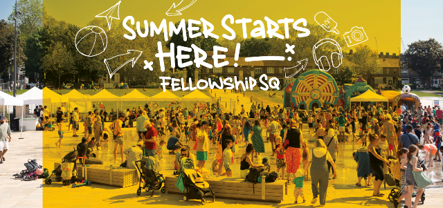 Summer Starts Here logo superimposed over a photo of children playing in the fountain at Fellowship Square