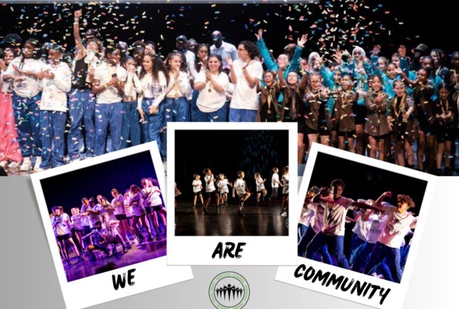 A large group of young people stand on stage with confetti falling on them, with three Polaroid style images of young people performing underneath