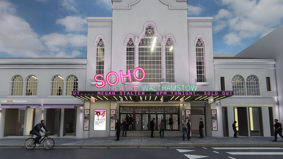 CGI of Soho Theatre Walthamstow front-on with neon signs