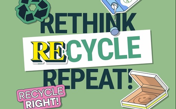 Illustration of a recycling sign and milk carton with the slogan Rethink, recycle, repeat