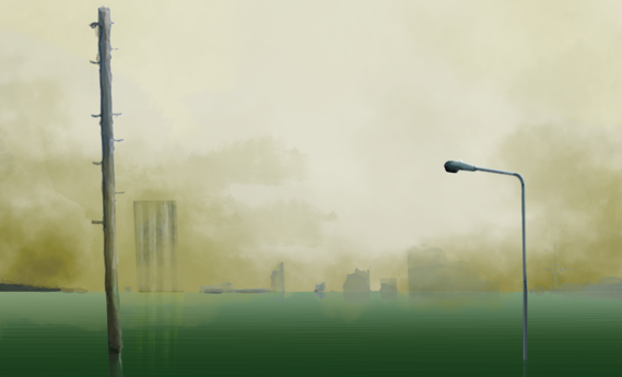 A skyline of lamposts and high rises is just visible through fog