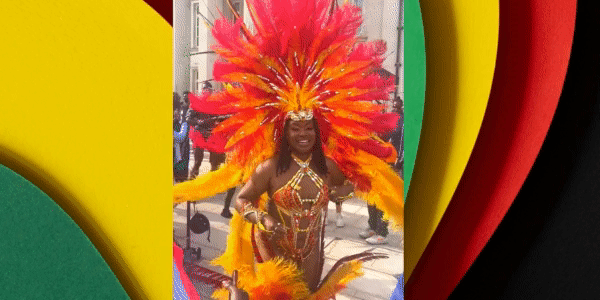 Gif of woman wearing Carnival costume and headdress dancing at Culture Fest 2023