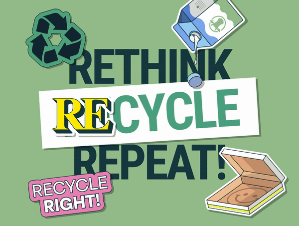 Rethink, Recycle, Repeat! Recycle Right GIF with milk carton, pizza box and recycling sign.