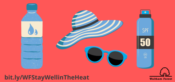 Stay well in the hot weather. A bottle of water, hat, sunglasses and a bottle of SPF 50 suncream is shown