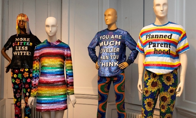 Mannequins in William Morris Gallery wearing bright, rainbow colours clothing with sequins by Ashish