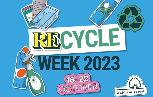 Illustrations of objects that can be recycled including spray bottles, plastic food trays and tin cans. Recycle Week 2023, 16 to 22 October