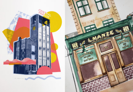 Artworks showing L Manze's pie and mash shop and Central Parade in Walthamstow