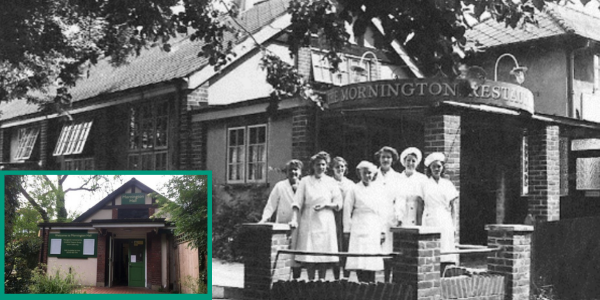 A black and white shot of Mornington Hall restaurant with an inset of the current building