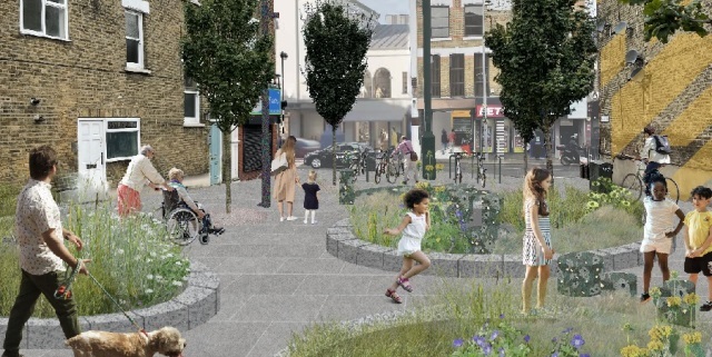 CGI image of Cairo Place with children playing, people talking and walking, surrounded by plants, with Hoe Street buildings in the background