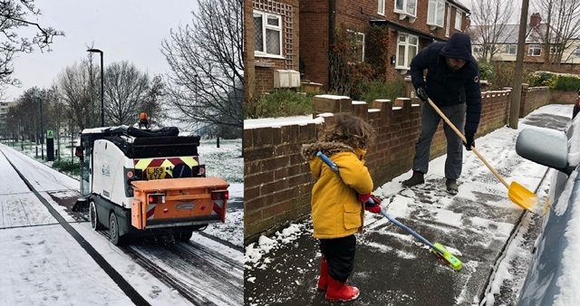 A snow plough clears ice from a road while a Snow Angel and small child clear snow from a pavement