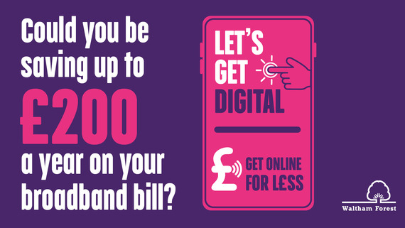 Mobile phone graphic: let's get digital - get online for less. Could you save up to £200 a year on your broadband bill?