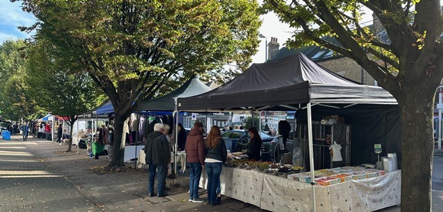 Stalls in the street at Chingford Station Road market