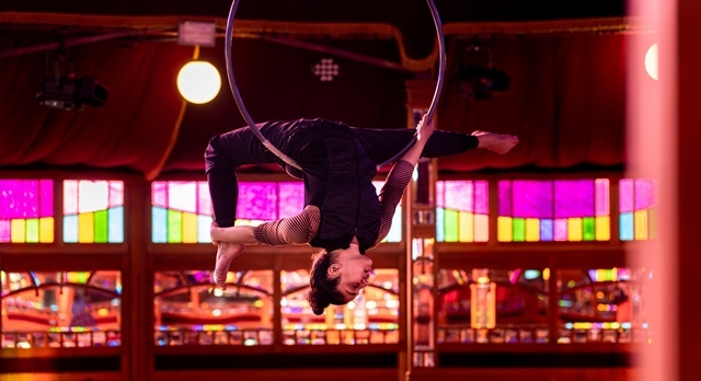 A Revel Puck performer hangs upside down in a hoop with brightly coloured stained glass behind them