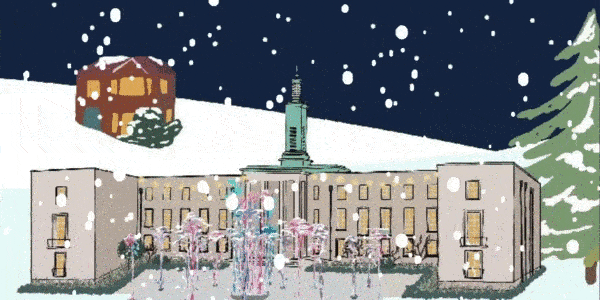 Gif of snow falling on an illustration of Waltham Forest Town Hall