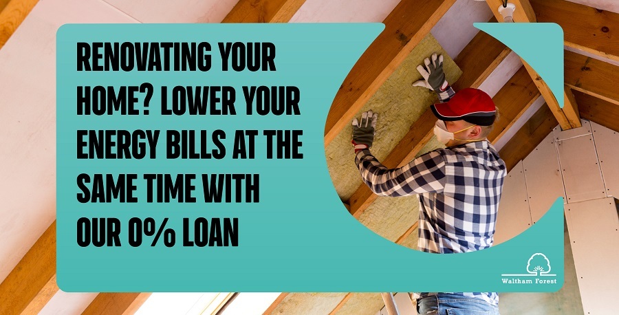 A man in a face mask fits insulation inside a roof. Renovating your home? Lower your energy bills at the same time