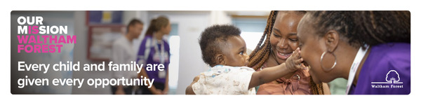 Mission Waltham Forest footer showing a mother and her baby. The baby is touching another woman's face. She is smiling.