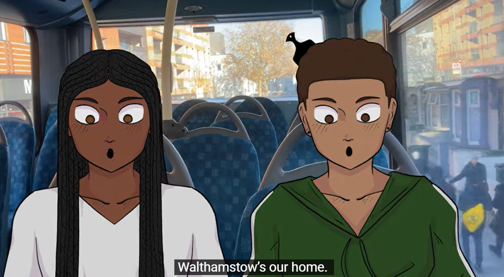 Cartoon young people on a bus in Walthamstow